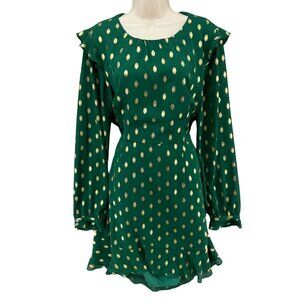 Hutch Confetti Chiffon Dress Emerald Green Gold Long Sleeve Cutout Sz 14